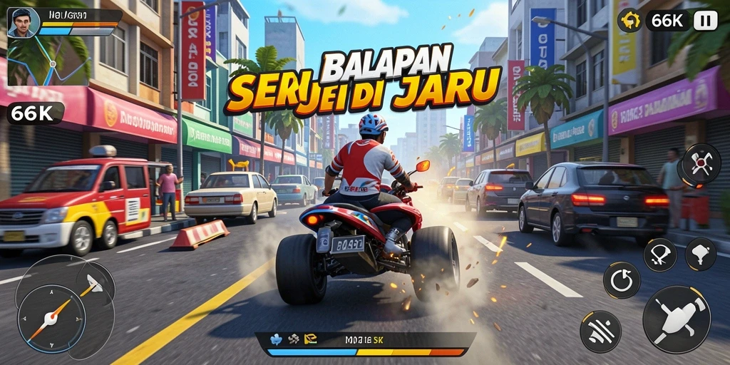 Gameplay seru dan menantang dalam 66K saat balapan di jalanan.
