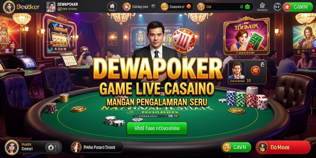 Gameplay seru DEWAPOKER dengan dealer langsung dan suasana kasino.