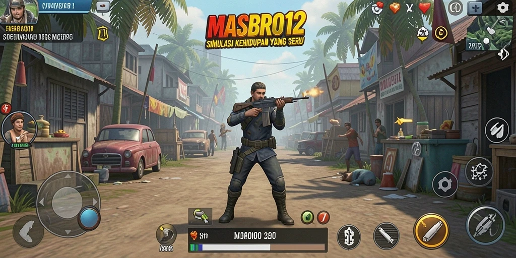 Screenshot dari gameplay MASBRO12 menunjukkan interaksi karakter yang dinamis.