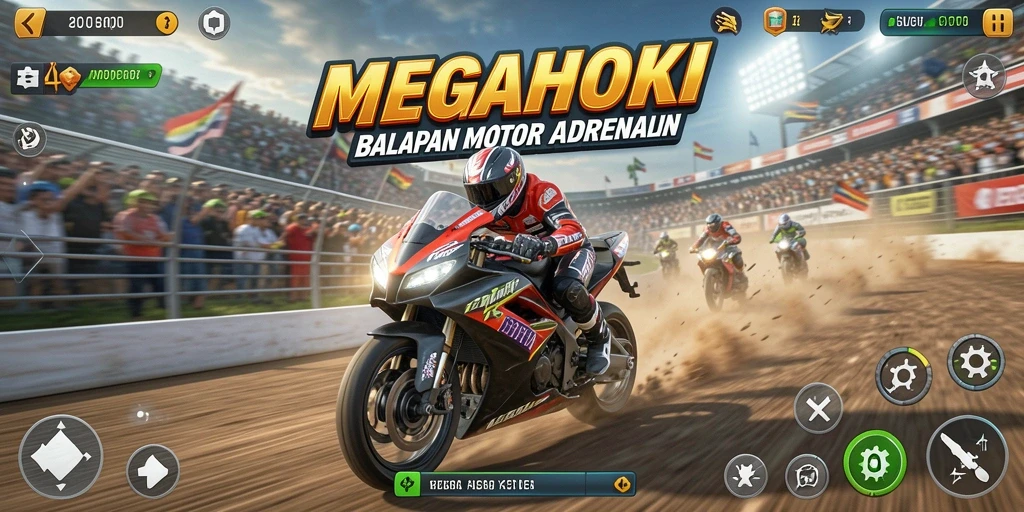 Gameplay seru MEGAHOKI dengan balapan motor yang mendebarkan.